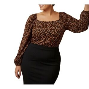 J Jill Leopard Square Neck Long Balloon Sleeve Blouse Top Sz 2X Animal Prnt